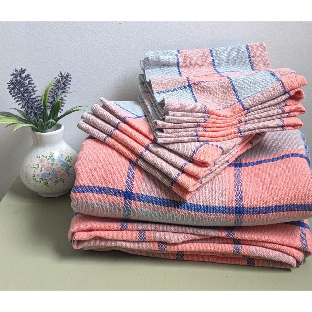 Vintage Plaid Tablecloth 52x72 with 8 Matching Napkins Pink Gray Blue